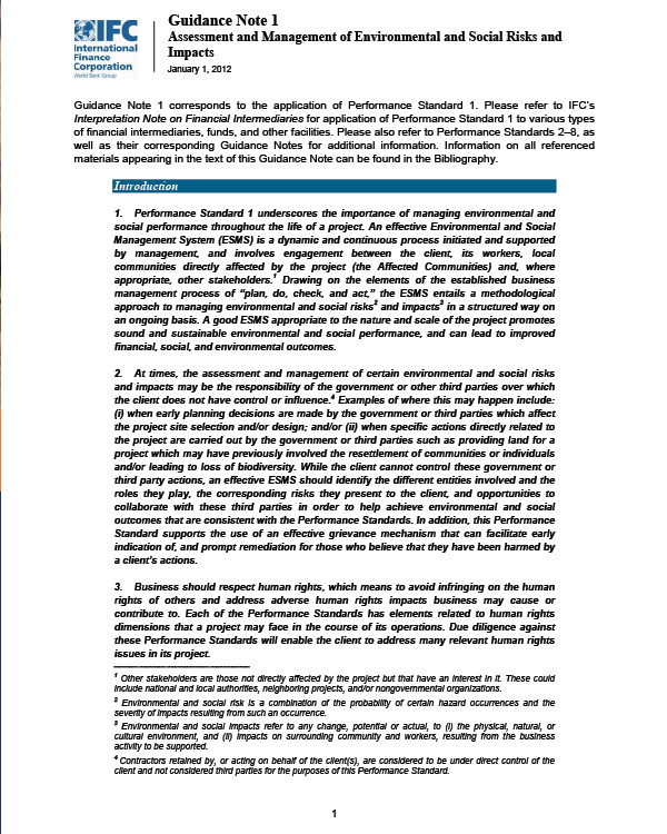 IFC Guidance Note 1: Assessment and Management of Environmental and Social Risks and Impacts