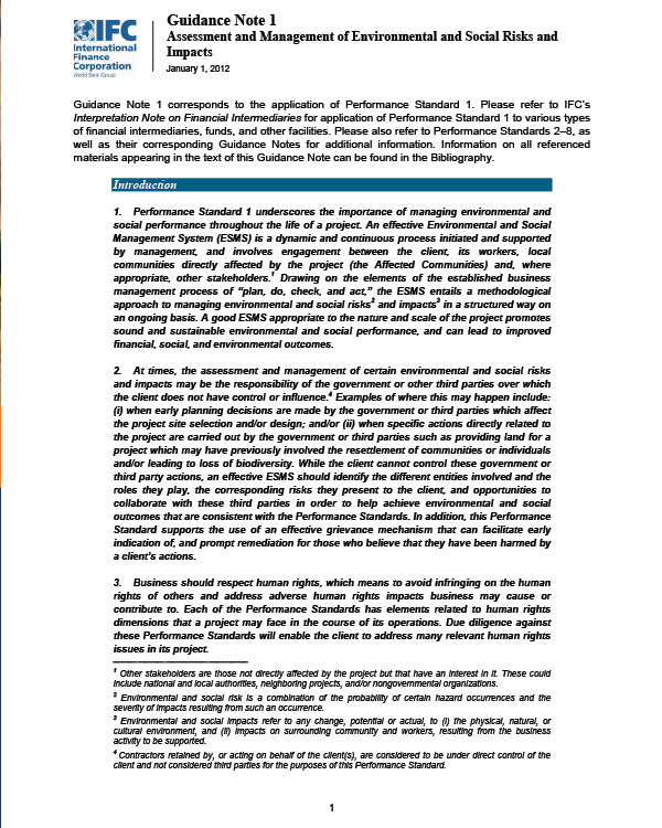 IFC 2012 Guidance Note 1: Assessment and Management of Environmental and Social Risks and Impacts